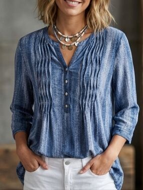 Blue Denim Print Pleated Pintuck Tab-Sleeve Henley Tunic Blouse Size M